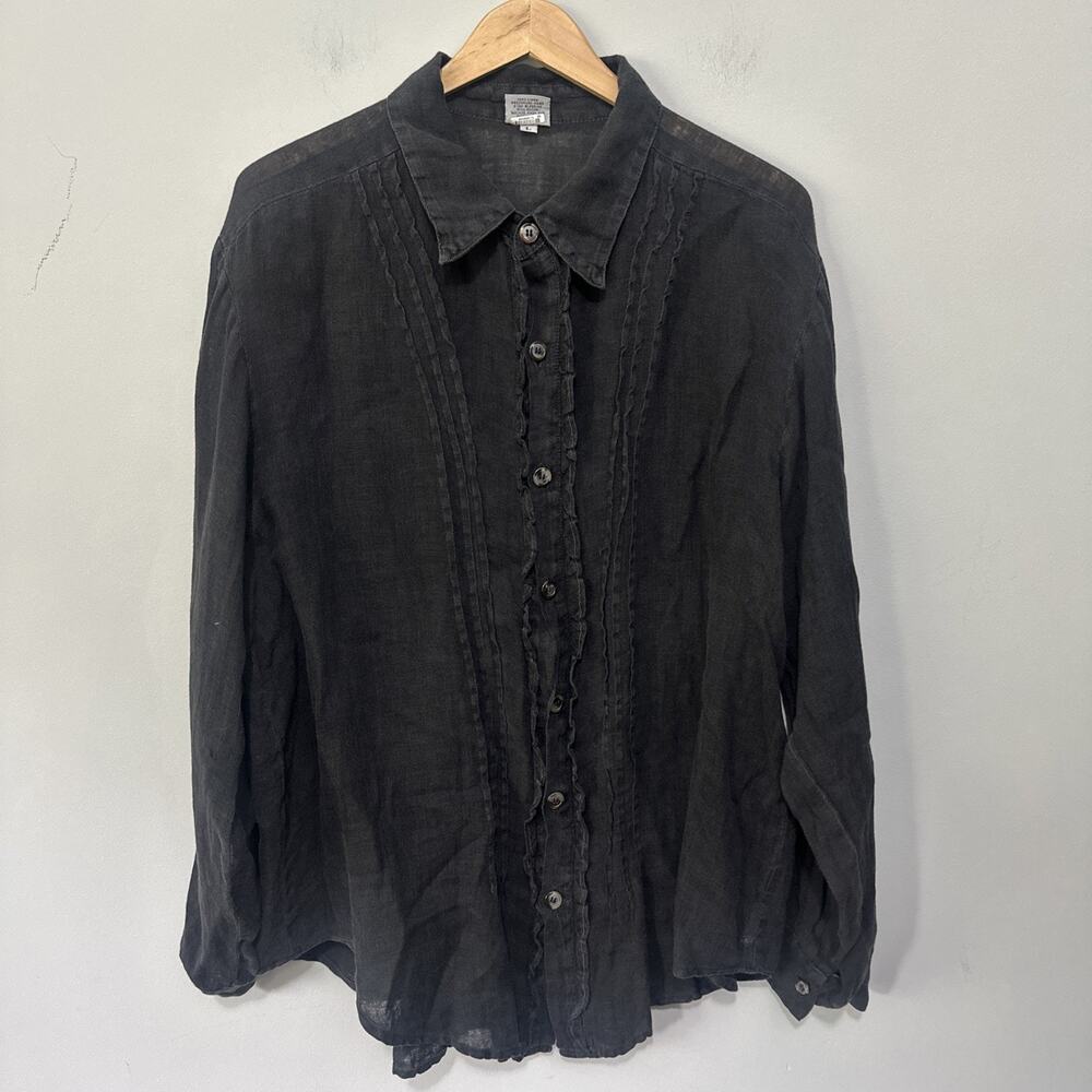 CP Shades Top Womens Large Black Linen Ruffle Tuxedo Shirt Lagenlook Minimalist